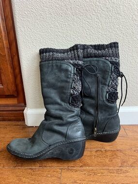 UGG Black Leather & Knit Wedge Mid-Calf Boots Women’s Size 8 Lace Up Sweater